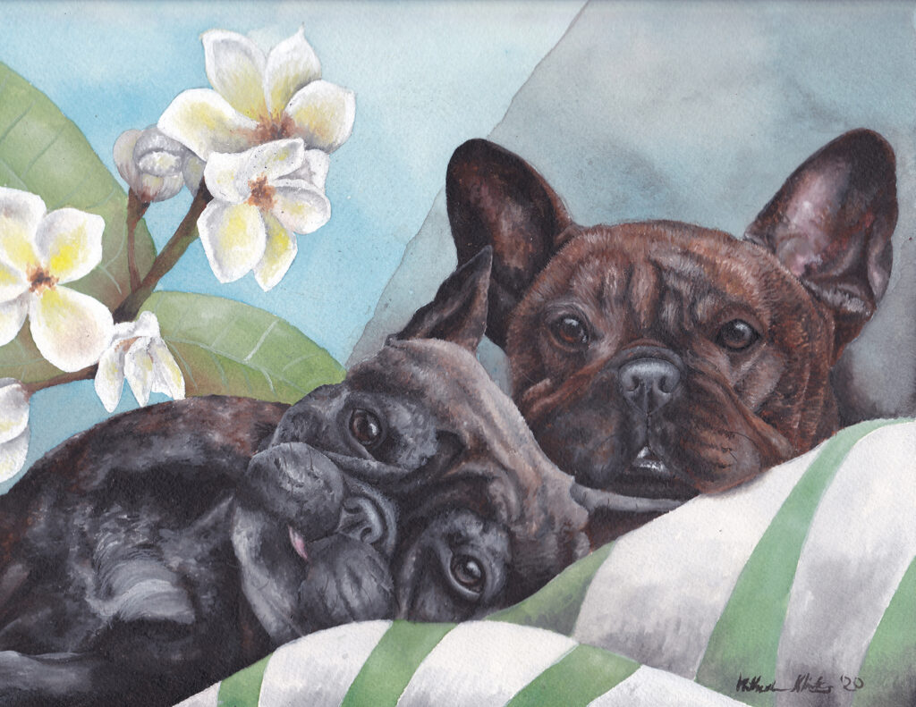 Dog watercolor art featuring French Bulldogs by Katherine Klimitas, artist & designer.
