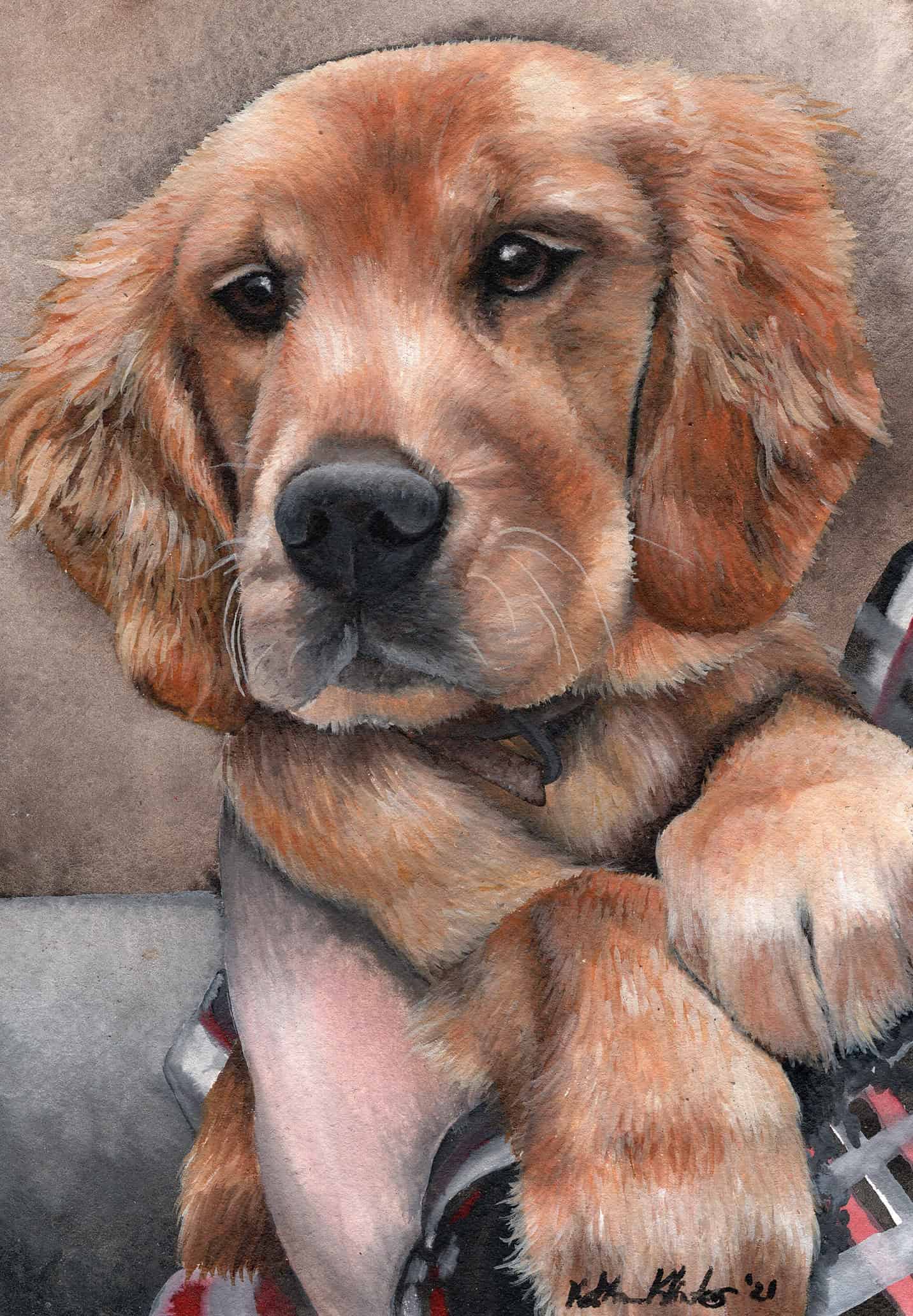 Detailed watercolor of a cute golden retriever puppy, showcasing realistic fur texture and expressive eyes.