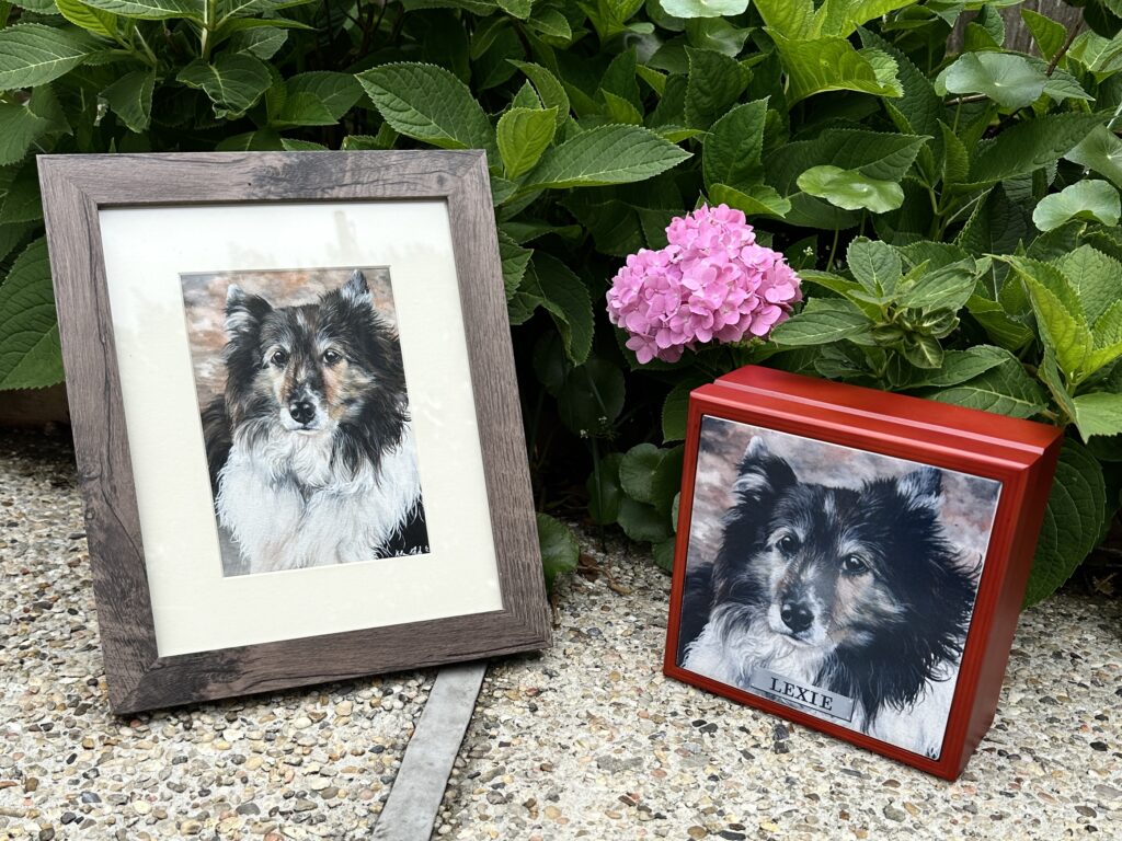 personalized dog urn, a wooden memory box with tile, along with hand painted watercolor photo of dog