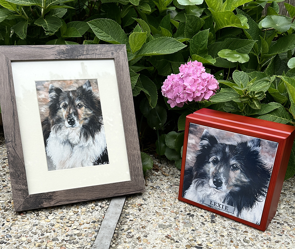 personalized dog urn, a wooden memory box with tile, along with hand painted watercolor photo of dog